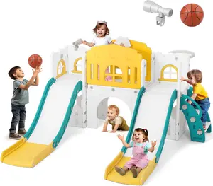 9 in 1 Toddler Slide, Toddler Playground with Double Slides, Climber,Basketball Hoop,Tunnel, Telescope, Storage Space and Non-Slip Step, Indoor Outdoor Backyard Playset for Toddlers Age 1-3+ outdoorfun