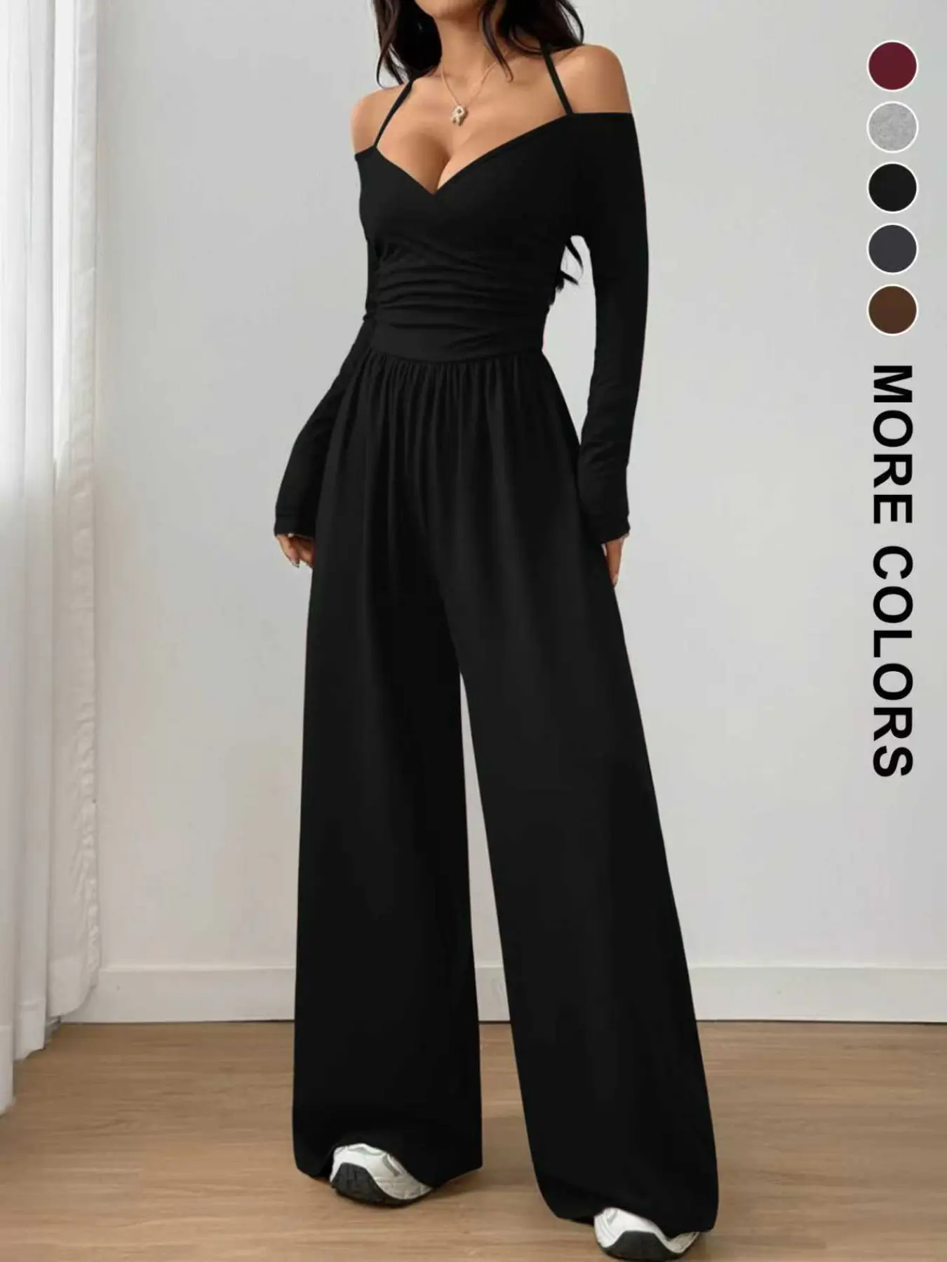 Women's Casual Fashion Aesthetic Solid Color Knit Long Sleeve Ruched Wide Leg Jumpsuit with Halter-Neck, Stylish and Comfortable Jumpsuit for Daily Wear Womenswear