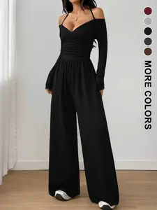 Women's Casual Solid Color Ruched Wide Leg Jumpsuit with Halter-Neck, Stylish and Comfortable Jumpsuit for Daily Wear