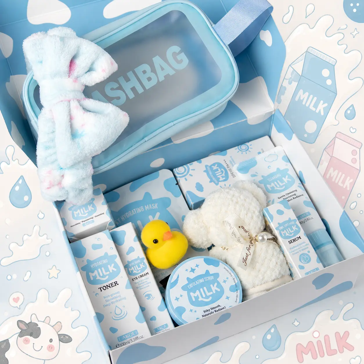 Moisturizing Milk Skincare Set, 7pcs/14pcs/17pcs/set Including Facial Cleanser, Sun Cream, Scrub, Toner, Eye Cream, Face Moisturizer, Makeup Bag, Hair Clip, Face Mask, Headband, Gift, Skin Rejuvenating Set, Toiletries Kit, Body Care