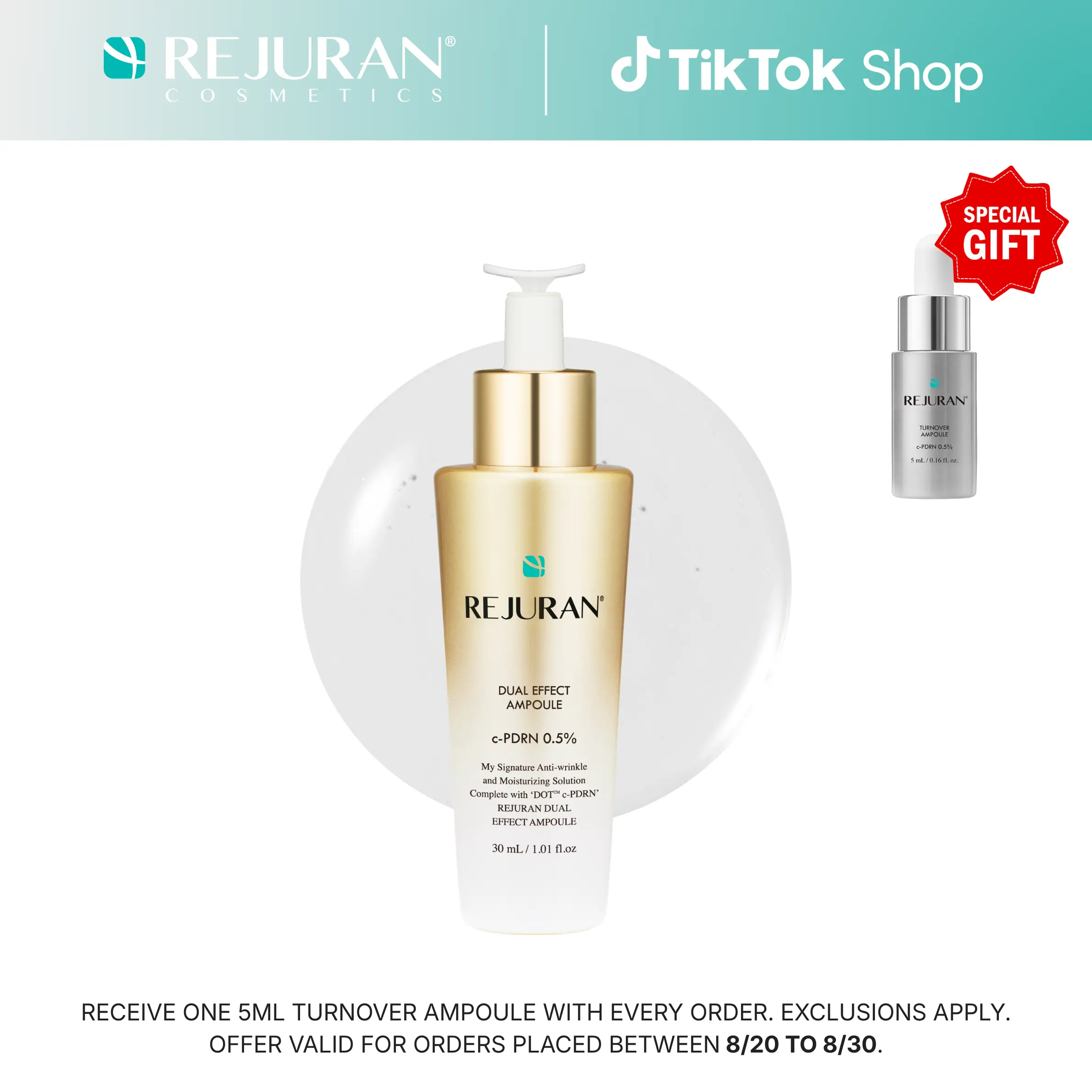 REJURAN Dual Effect Ampoule, DOT DUAL c-PDRN - Rejuvenating Face Serum for Radient Glass Skin, Wrinkle and Fine Line Treatment, Firming, and Deep Hydration, Korean Skincare (1.01 fl oz)