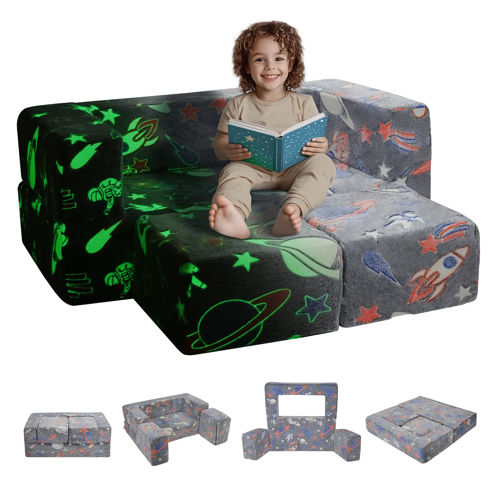 VEVOR Kids Couch,  4Pcs Toddler Couch Sofa Bed, Kids Chair Seat Playroom Furniture, Child Sectional Sofa with Removable Cover for Kids Girls & Boys, Dark Grey