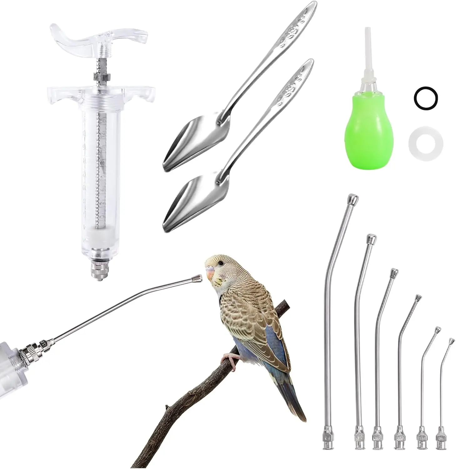 20ML  Bird Feeding  Set Pet  with 6 count Curved Gavage Feeding Tubes and Bird Drinker Stainless Steel Metal Feeding Spoon for  Birds Parrot Small Pet
