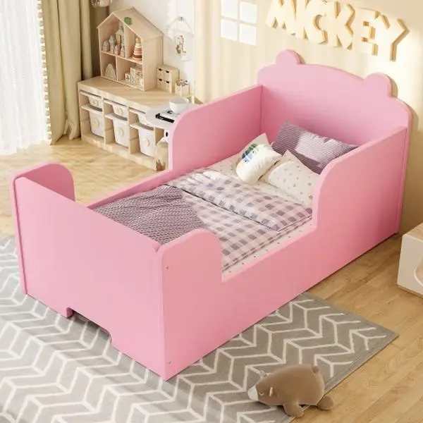 Bellemave Single Glam Curved Floor Bed Frame - Cute Bear-Ear Headboard, Safety Rail, Rounded Corners, Assembly Required, Comfortable and Sturdy, Cultivating Independence, 54.45x30.31x26.77in, 80.47lbs