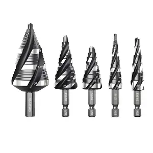 NEW Step Drill Bit Set, 5-PCS- Four Spiral Groove  Set of hex Shank Step Drill Bit Suitable for Aluminum, Wood Plastic, Metal and Other Materials Four-Spiral Metric Flute Multi-Material Nitrided HSS high speed steel tools