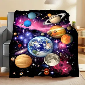 Modern All-Season Polyester Fleece Throw Blanket - Ultra-Soft, Space-Themed, Planet Print, Geometric, Floral Print, Gold-Trimmed, Machine Washable, Multi-Size Multipurpose Knitted Blanket for Sofa, Nap, All-Season Use