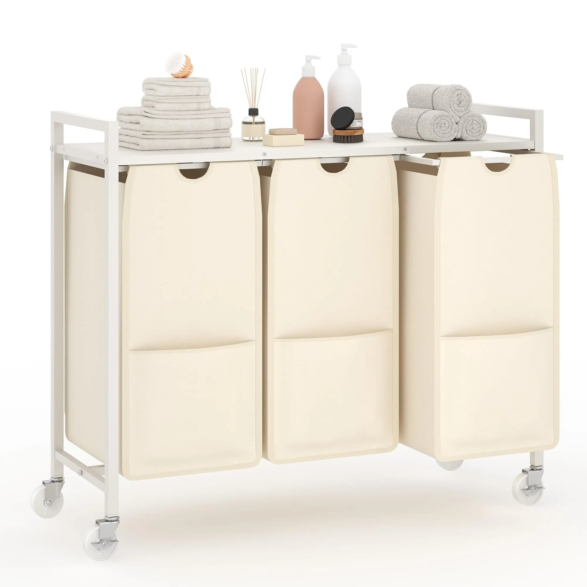 Laundry Sorter with Wheels, 3-Section Rolling Hamper with Removable Pull-Out Fabric Bags – Rustic Brown Black Iron Frame, 100lb Capacity Top Shelf for Bedroom & Laundry Room Organization