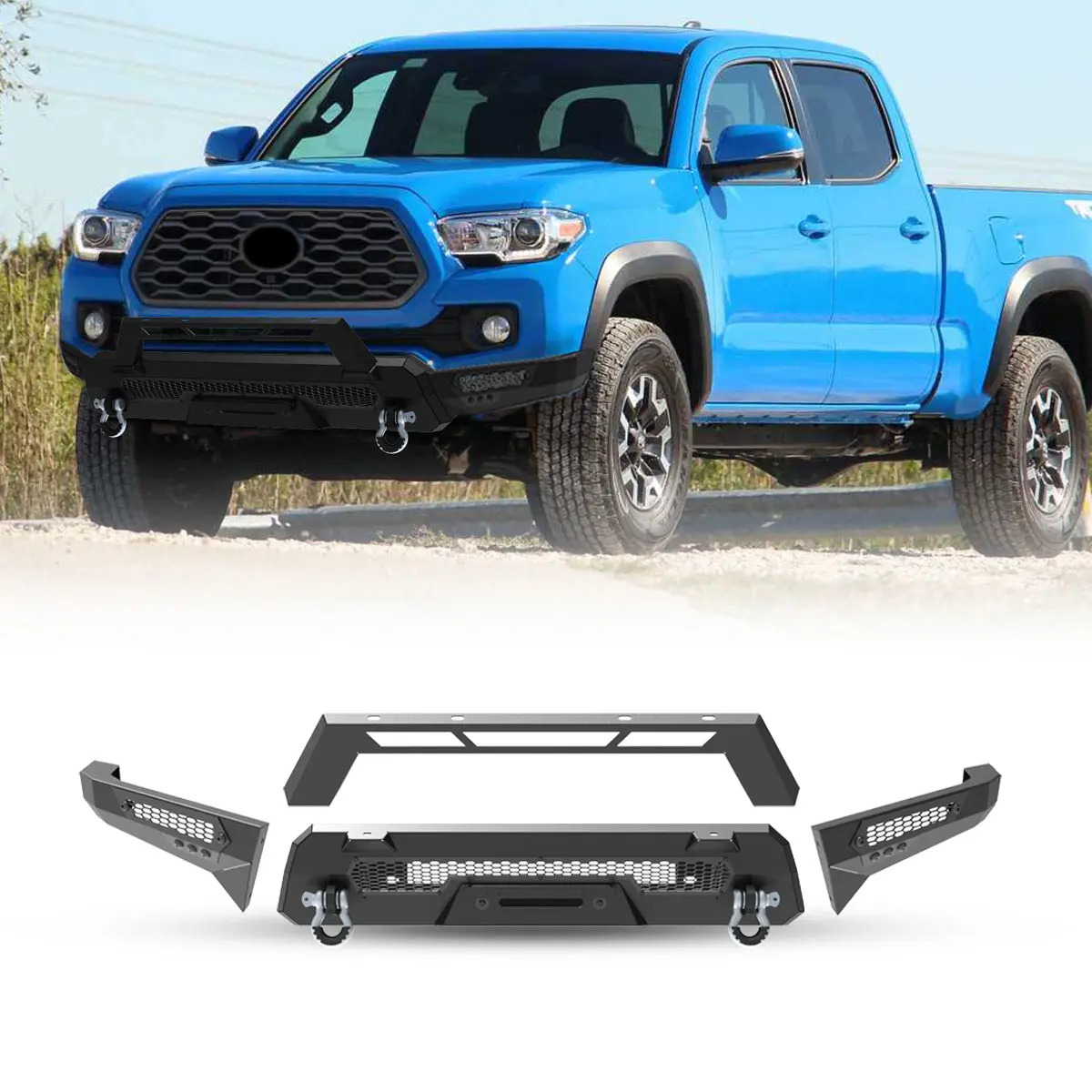 WOLFSTORM Front Bumper for 2016-2023 Toyota Tacoma, 3-Piece Modular Setup with Bull Bar-3a, Heavy-Duty Steel Auto Replacement Part with Protection & Angular Look for Off-Road Use, Customizable