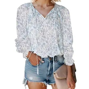 ZEAGOO Womens Boho Floral Printed Blouse Dressy Tops Drawstring Casual V Neck Lantern Long Sleeve Shirts