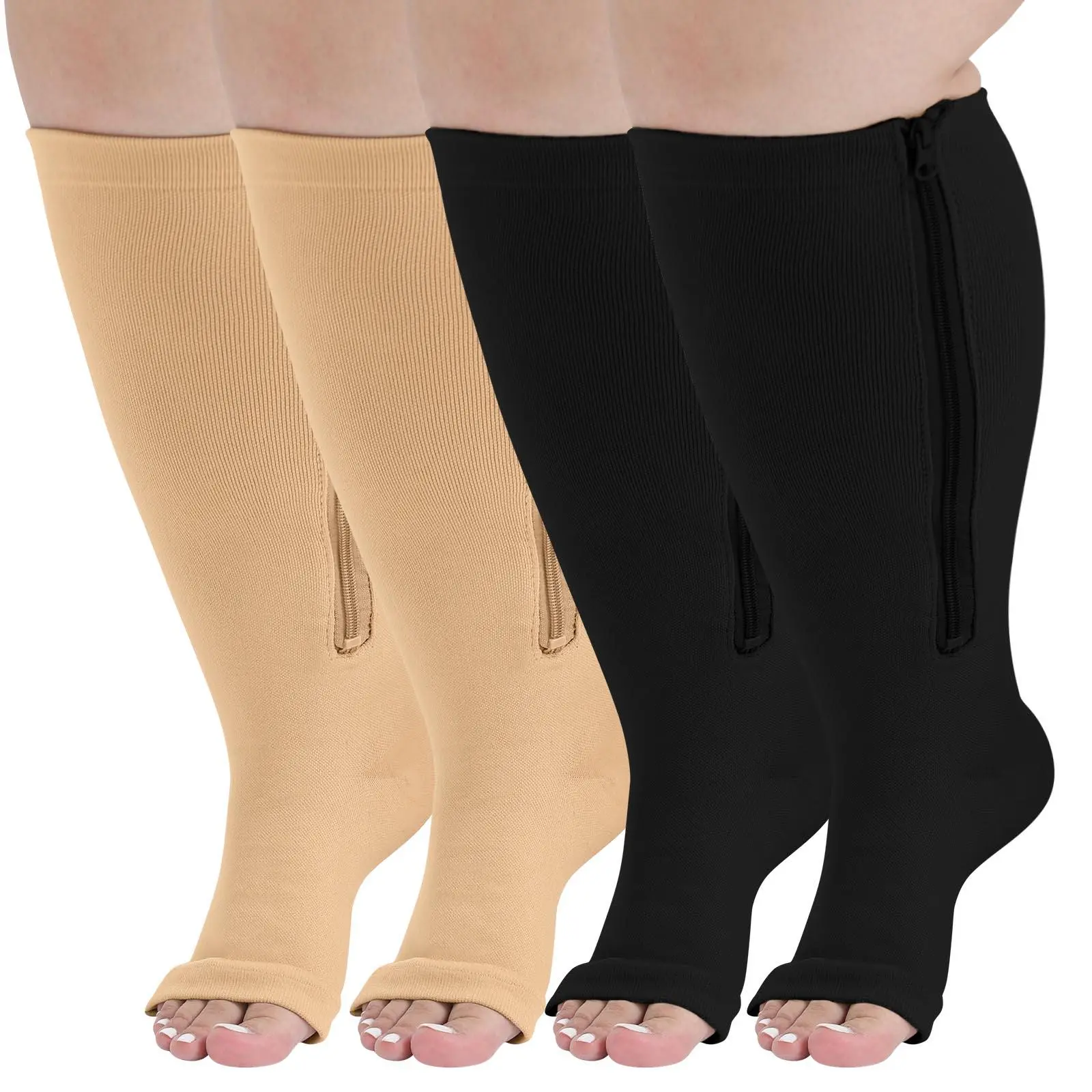 AMITOFO Zipper Compression Socks Open Toe, Easy-On Knee High Support Socks for Sports Travel Daily Wear, Solid Color Compression Socks for Women&Men