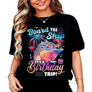 Menswear Casual Fashion Cotton Round Neck Short-Sleeve T-Shirt - Board the Ship Graphic Tee for Cruise Vacation, Birthday Trip - Black Cruise Ship Design Shirt
