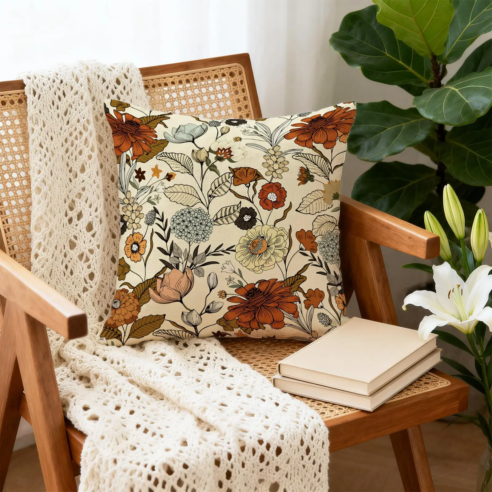 45x45cm 1Pcs Bohemian Vintage Floral Trendy Print Throw Pillow, Machine Washable Soft Skin-friendly Good Resilience, Suitable for Boho-style Living Room Sofa Decor (With Pillow Insert)