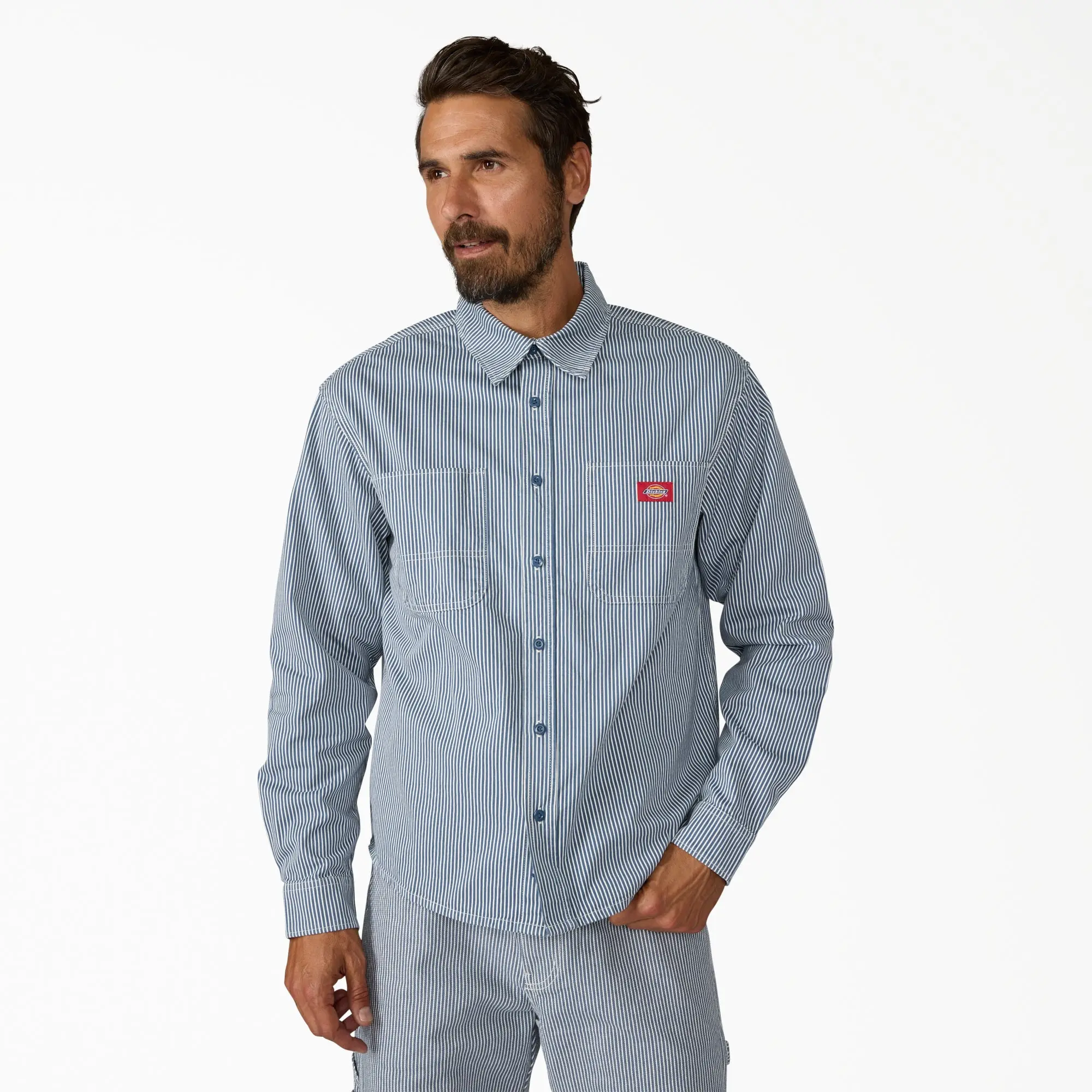 Dickies Hickory Work Shirt, 100% Cotton Workwear Durable, Workwear Casual Style Collared Longsleeves Classic