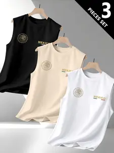 Men's 3-Piece T-Shirt Set, Casual Round Neck Vest Top, Sleeveless Top, Creative Vintage Mexico Emblem Graphic Print Design, Perfect for Summer Daily Wear