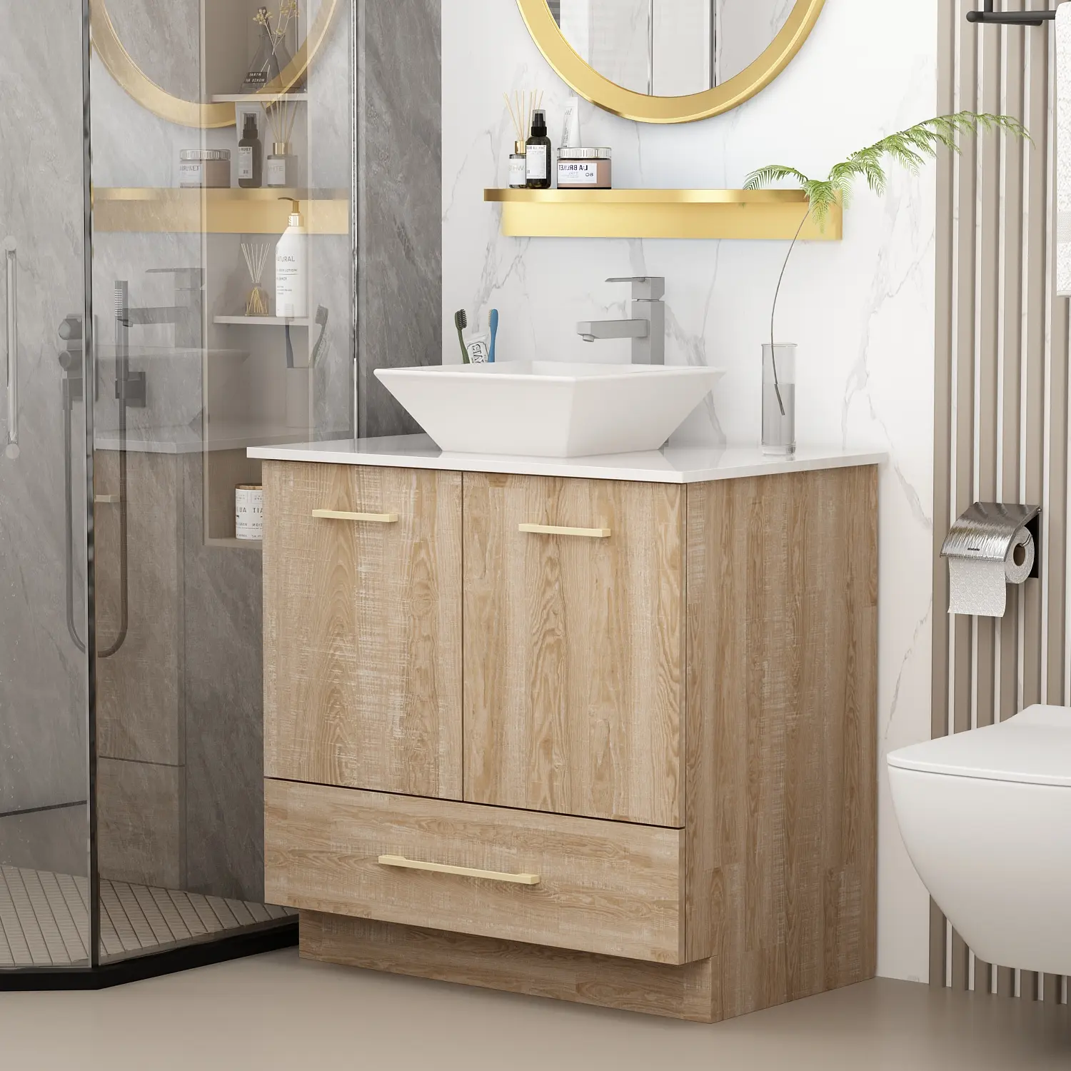 FUFU&GAGA Freestanding Bathroom Vanity Cabinet with Ceramic Vessel Sink, Wood‑Grain Bathroom Storage Cabinet with 2 Doors & Large Drawer, Gold Handles