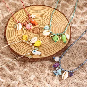 Summer Ocean Style Shell Starfish Necklace, Colorful Rope Ceramic Pendant, Boho Beach Vacation Jewelry summervibes