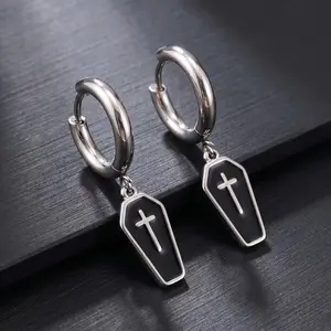 Quality Stainless Steel Coffin Cross Design Hoop Drop Earrings