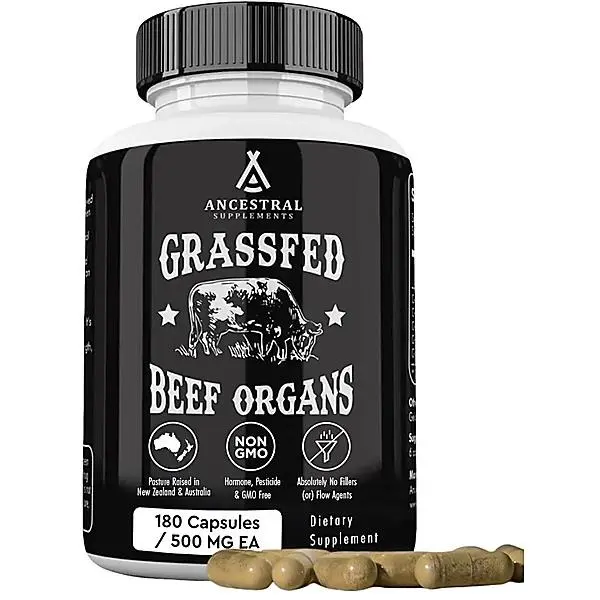 Ancestral Supplements Grass Fed Beef Organ Capsules, Whole Food Dietary Supplement for Daily Wellness & Nutrient Support, Non-GMO, 180 Count