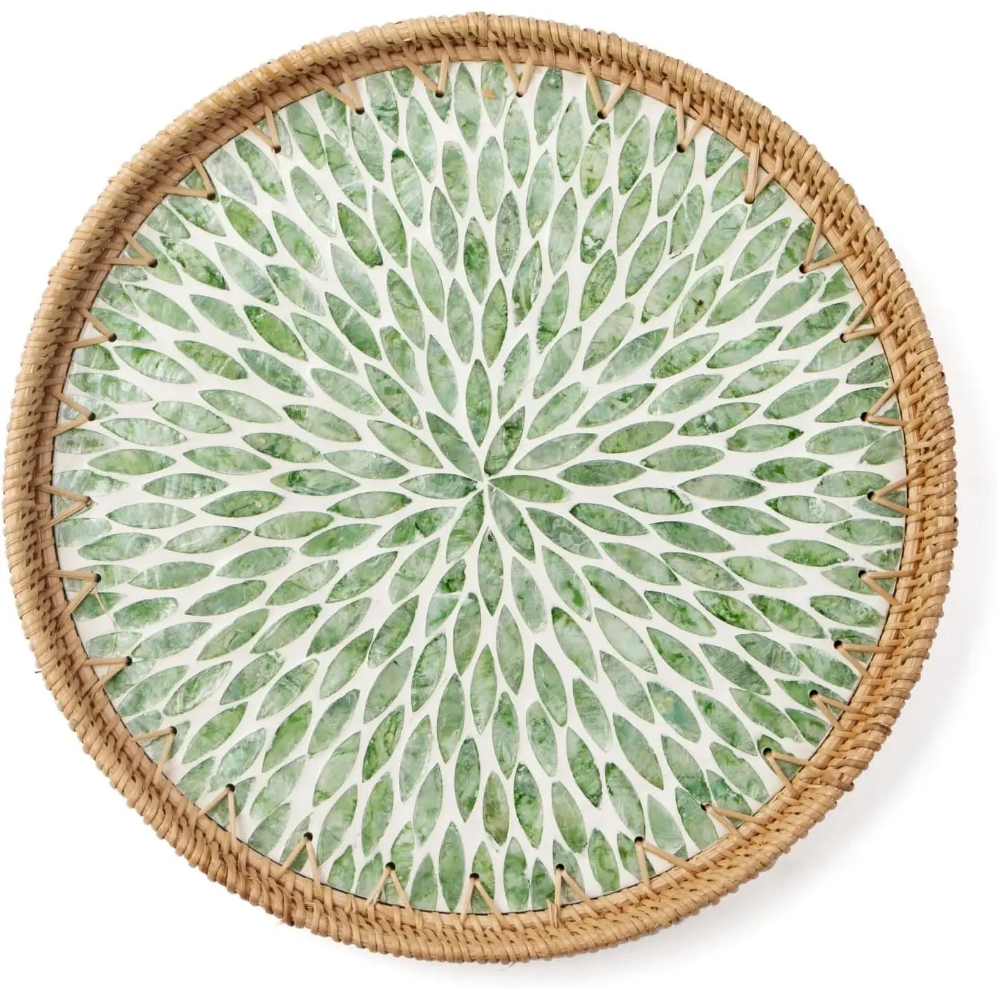 Round Natural Rattan Serving Tray - Small Eco-Friendly Hand-Woven, Checkered Rustic Traditional Design, Mother-of-Pearl Inlay, Wooden Base, BPA-Free, Corrosion Resistant, Dishwasher Safe Wicker Kitchen Tray for Coffee, Tea, Gift Ideal, Circular