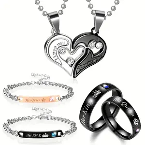 6Pcs Romantic Couples Jewelry Set - Matching Necklace, Bracelet, and Ring for Him and Her with Love Heart Pendant - His Queen, Her King Couple Gift for Anniversary, Valentine's Day, and Wedding