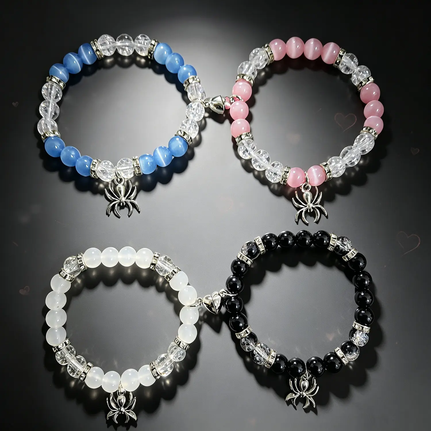 4pcs Y2K Matching Spider Charms Glass Beads Bracelet Bracelets for Couple Friends, Fashion Valentine's Day Theme Jewelry Accessory, Daily Wear