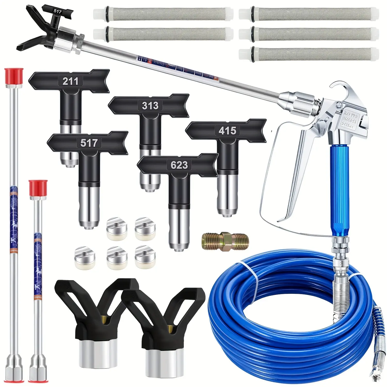 17Pcs Airless Paint Sprayer Gun Full Kit for DIY - 3600PSI Airless Gun with 32Ft High Pressure Hose, 5Pcs Reversible Tips, 2Pcs Extension Rod, 5Pcs Filters, 2Pcs Nozzle Seat, 1Pcs 1/4-in Double-Ended Nipple, Hardware Accessories, 1Pcs 1/4-Inch Double-Ende