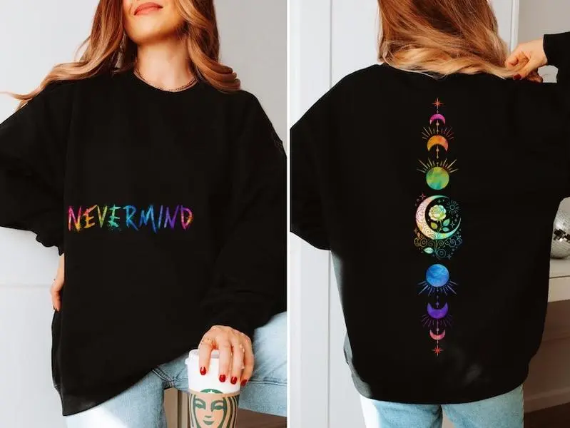 Nevermind 2-Side Sweatshirt, Jimin Bangtan Nevermind Tattoo Sweater, Rainbow Nevermind Gift, LGBT Shirt, Unisex Trendy Casual Style, Gift For Army, Moon Phase Sweater, Gift for Bestie