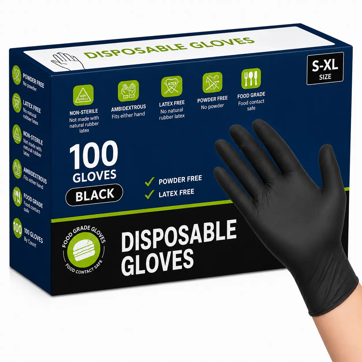Disposable Nitrile Gloves 100 PCS | Powder-Free Latex-Free | Multi-Purpose for Food Prep Cleaning & Household Use