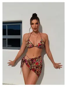 Floral Halter Bikini Set for Women with Sarong - Tropical Print Two Piece Swimsuit; Adjustable Tie Front; High Cut Leg; Beachwear; Summer Vacation Outfits