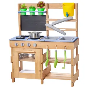 VEVOR Mud Kitchen, Outdoor Mud Kitchen for Kids, Wood Outdoor Play Kitchens with Stoves, Hooks, Sinks, Planting Shovels, Spatulas, Handle, Cookware Pots and Accessories, Play with Water and Sand