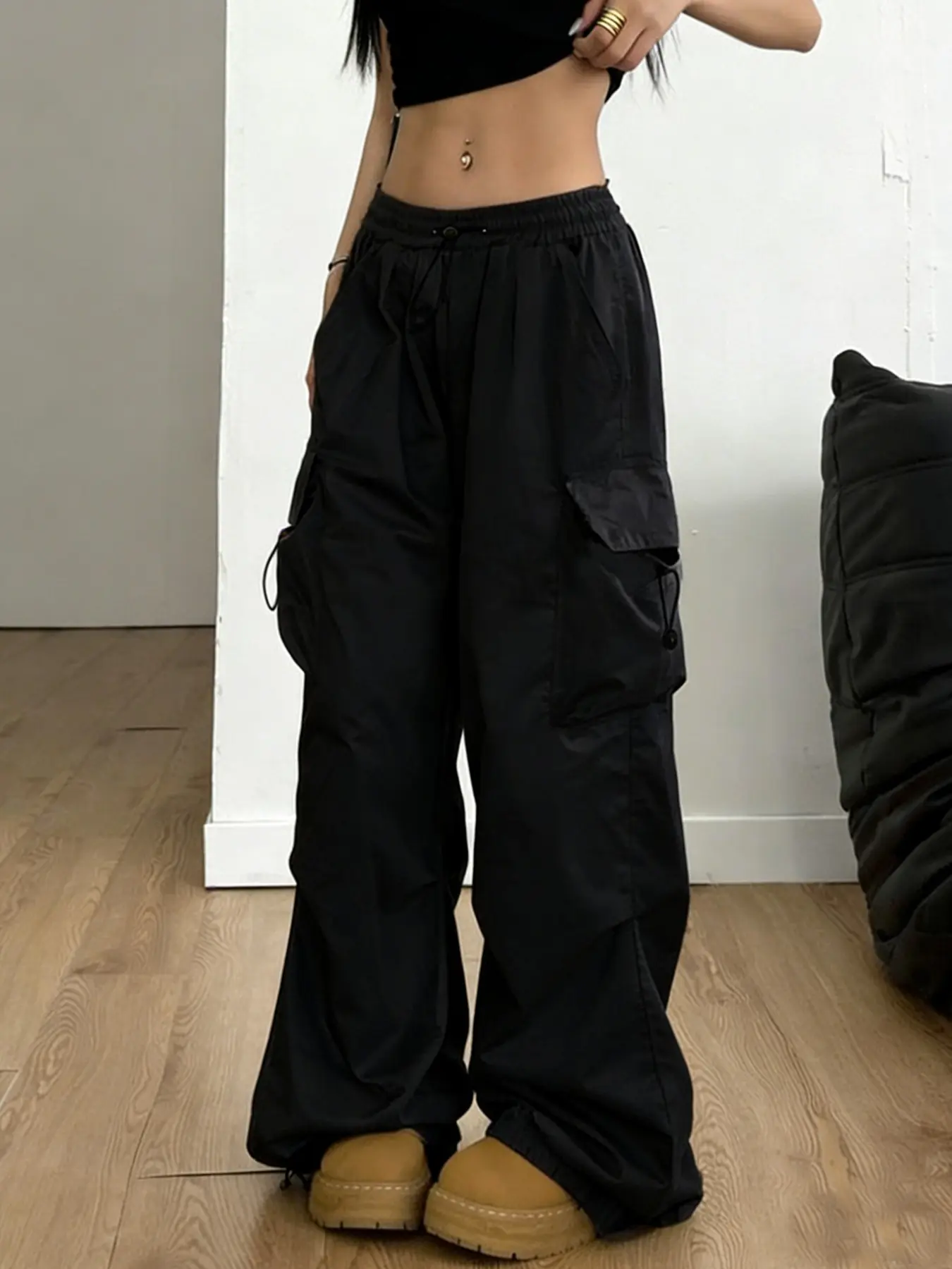 Women's Wide-Leg Adjustable Elastic Drawstring Fit Pants, Black, Lightweight Quick-Dry Workwear, Casual Loose Pocket, Side Pocket Commuter Long Pant, Summer Casual Functional Trouser, Wide Leg Design, Casual Cargo Pants, Womenswear