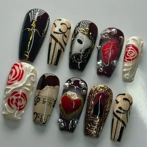 Handmade Phantom Opera Press On Nails, Gothic Vampire Masquerade Halloween Costume False Nails, Dark Rose Heart Mask Coffin Nail Art, Intricate Hand-painted Gel Acrylic Set, Reusable Glamorous Themed Nail Tips