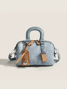 Elegant Denim Pillow Bag for Women, Chic Handbag, 2026 New Trendy Lightweight Luxury Bowling Bag, French Style Boston Bag, American Vintage Look