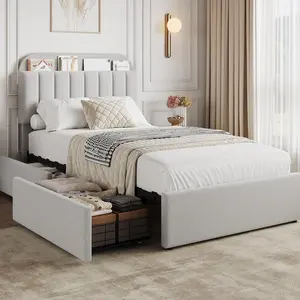 Garvee Twin Bed Frame with Storage Headboard and 2 Drawers, Boucle Upholstered Platform Bed with Bookcase, Easy Assembly, No Box Spring Needed, Dark Grey