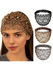 4 pieces/set, exquisite Bohemian chic lace headband, artificial pearl hollow headband, retro style women's elastic hair accessory, suitable for daily and party clothing, is an indispensable hair accessory
