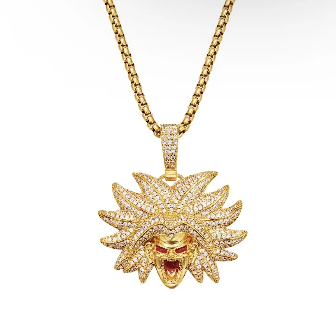 Anime Warrior Iced Pendant, Gold-Tone Stainless Steel, with 24" Box Chain, 24" Chain