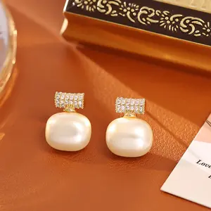 Women's 2-Piece Costume Jewelry Set - Female Casual Bamboo Bead Necklace, Silver Needle Stud Earrings with Artificial Cube Sugar Pearl Design, Refined Minimalist Style for Daily Elegance, Valentine Gift