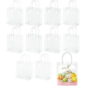 10 count Small Clear Plastic  Bags with Handles, 5.9x6.3x2.8Inches, Mini Transparent PVC Bulk Tote Goodie Bag for Easter, Party Favors,Wedding,Birthday