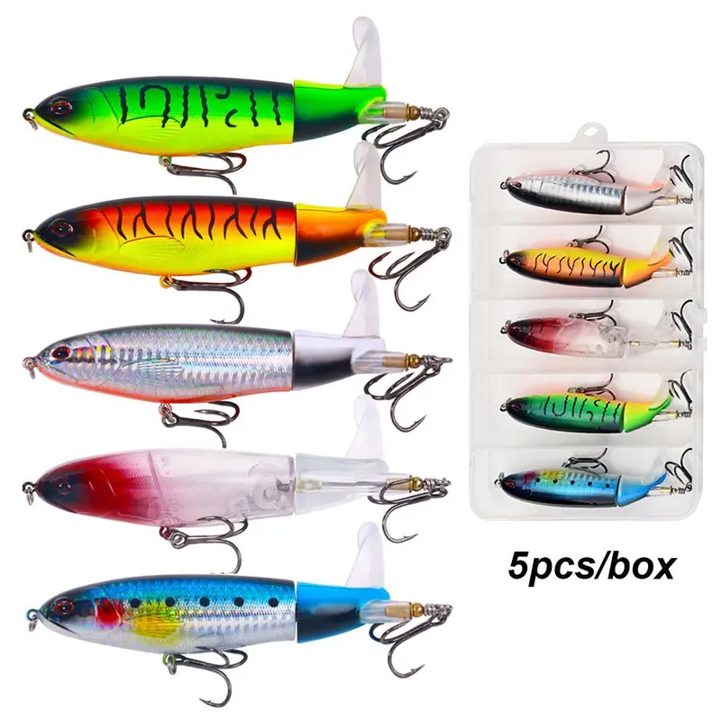 KLYVIONIS 5PCS Topwater Fishing Lures - 0.45oz/3.93in Whopper Popper Hard Plopper with Soft Rotating Tail, Artificial Bait, Fishing Gear, Father's Day Gift