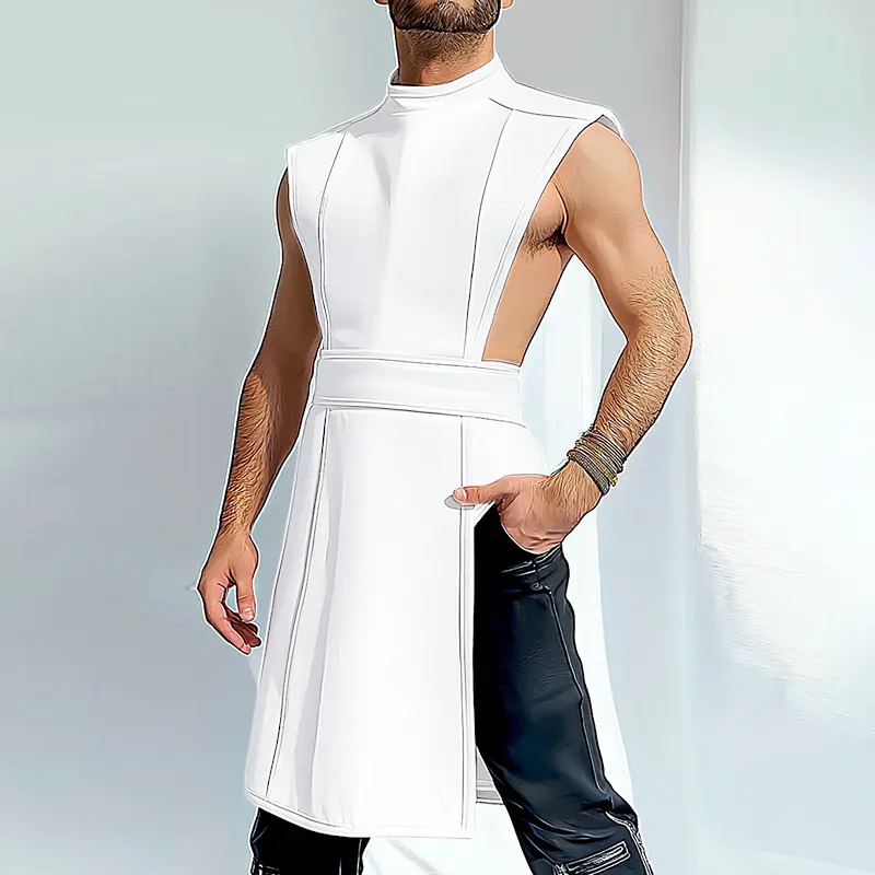 INCERUN Men's Edgy Corset-Style Long Vest - Plain Geometric Aesthetics, White Mid-Length Mock Neck Sleeveless Tunic, Structured Waist Tie Top for Street Photoshoot, Clubwear, Edgy Vests, Corset-Style Vests