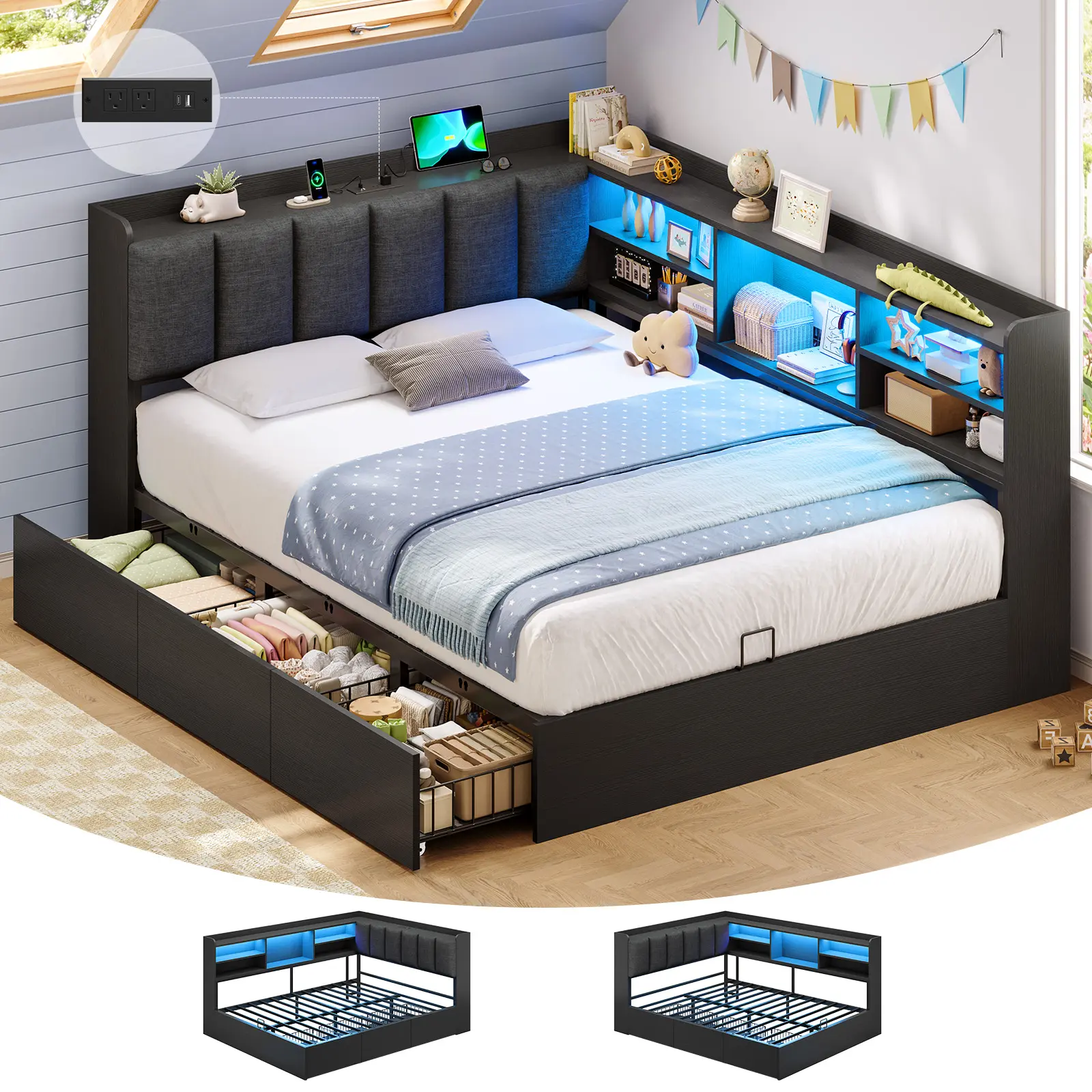 Hasuit | Corner Bed Frame with Storage Drawers and Bookcase Convertible Bed Frame with Power Outlet and LED Lights,sohochic