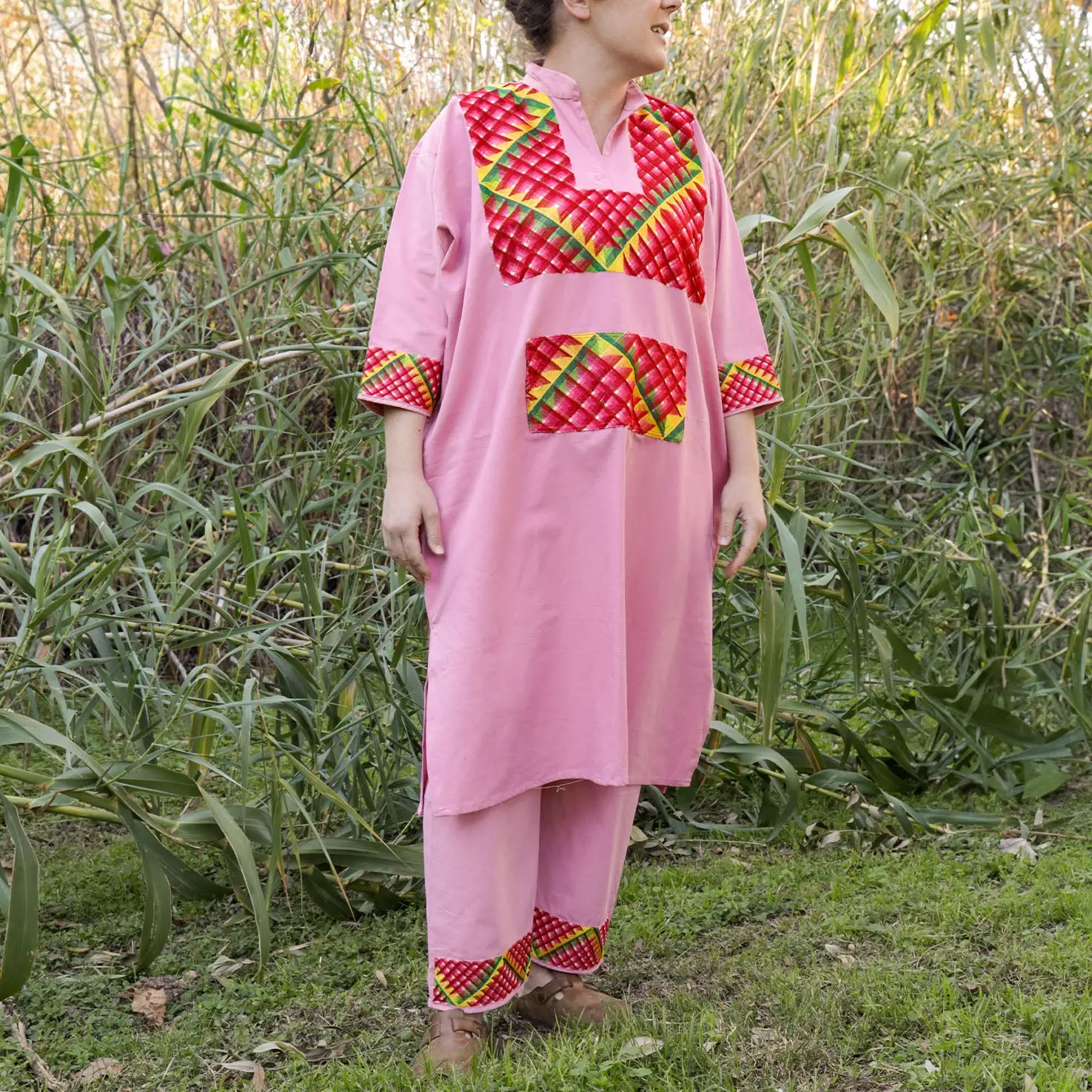 Women's 2-Piece Cadenilla Stitch Tunic & Pants Set - Handmade Cotton Blouse-Included Outfit with Colorful Geometric Embroidery, Fit, Elastic, Comfortable, Elegant Design