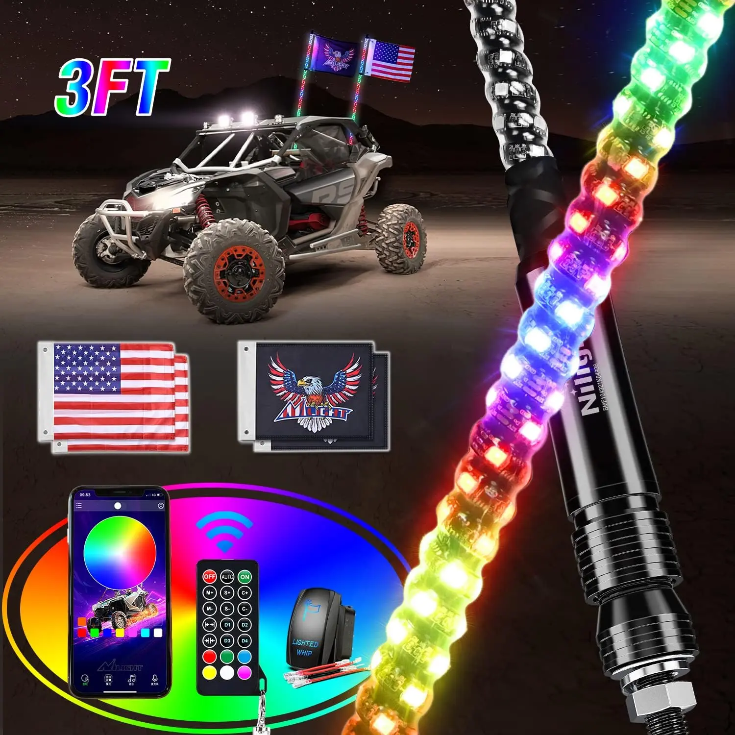Nilight 2PCS 3FT Smart RGB Waterproof Multicolor LED Whip Lights - Remote & App Control, DIY Chasing Patterns, Stop/Turn/Reverse Safety Antenna Lights, Multi Mode, Programmable for ATV UTV, Rgb Led Lights Super Bright Leds