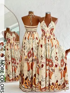 Women's Vacation Casual Bohemian Boho Style Floral Bird Print Halter Backless Drawstring Long Dress, Elegant Summer Fashion, Perfect for Travel