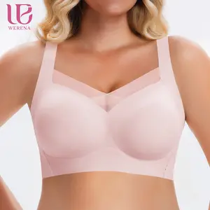 Werena V-Neck Mesh Bras for Women Back Smoothing No Underwire Seamless Push Up Bra Everyday Comfort Minimizer Bras with Wide Straps & Fixed Pads