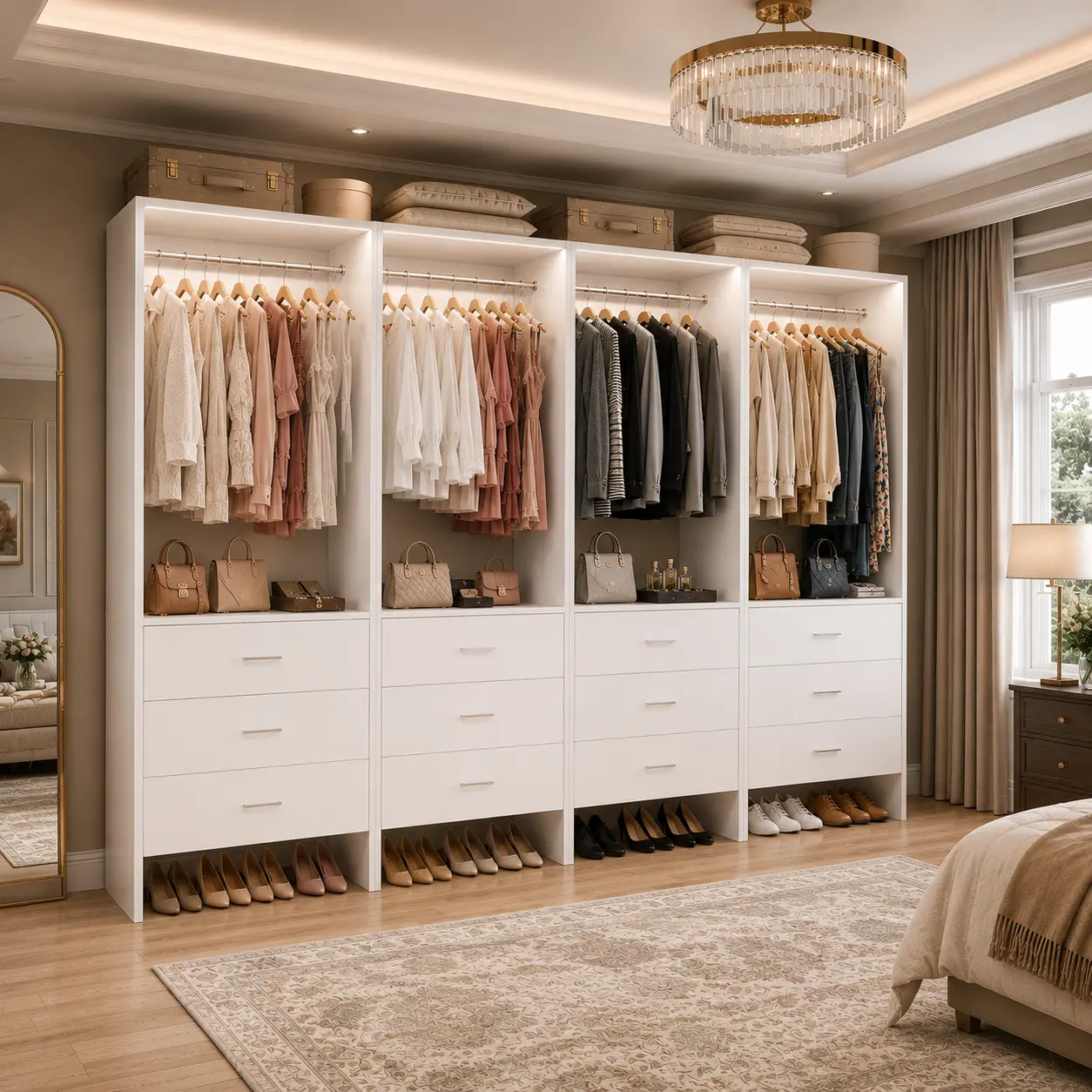 Cyclysio Modular Closet Organizer System with Wooden Drawers ＆ Hanging Rod, 1-4 Pieces, 24"-96" Freestanding Walk-in Closet Wardrobe Clothes Rack  for Closet Organization, Room Storage, Small Spaces