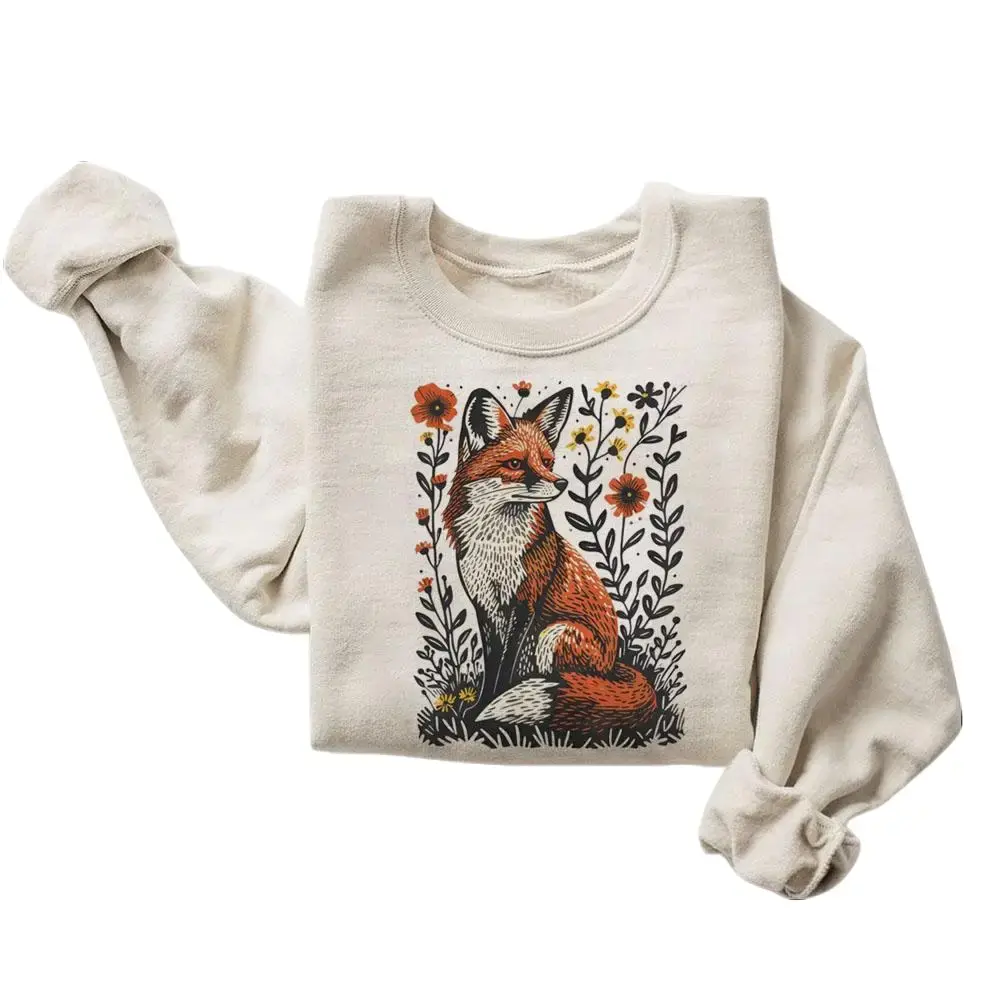 Fox Sweatshirt, Retro Nature Vintage Fox Women's Sweatshirt, Outdoorsy Animal Fox Lover Gift, Flower Unisex