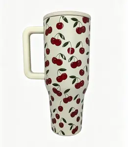 HydroJug 40oz Cherry Print Travel Tumbler Flask - Leak-proof Stainless Steel Insulated Water Bottle, 24hr Cold Retention, Portable European Travel Coffee Mug Drinkware, Day Gift