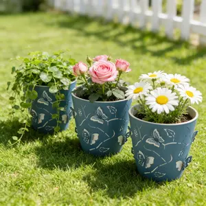 Butterfly-Themed Double Layer Flower Pots Set of 3 with Colorful Insect Design, Vibrant Insect Motifs & Drainage Holes for Indoor & Outdoor Decoration Plastic Plant Pots