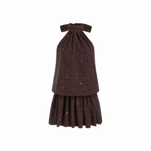 Cider Rhinestone Halter Neck Ruffle Hem Bowknot Mini Dress